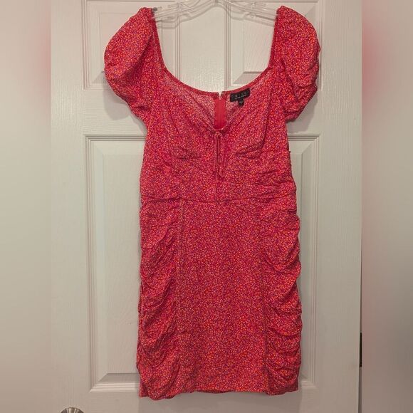 Trixxi Floral Pink Mini dress Sz L Short Puff Sleeve whimsical prairie Graduatio - Picture 1 of 10
